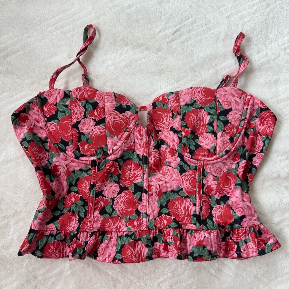 Fashion Nova Pink and Black Peplum Bustier Camisole
